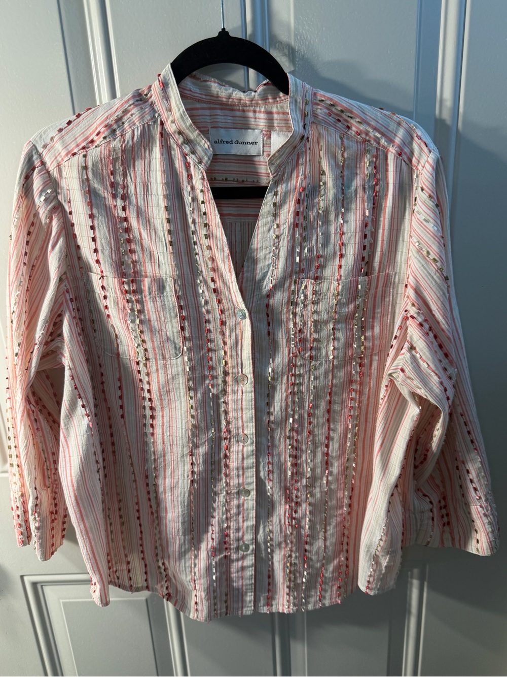 Alfred Dunner coral and White Striped Button-Down Shirt layering over shirt.